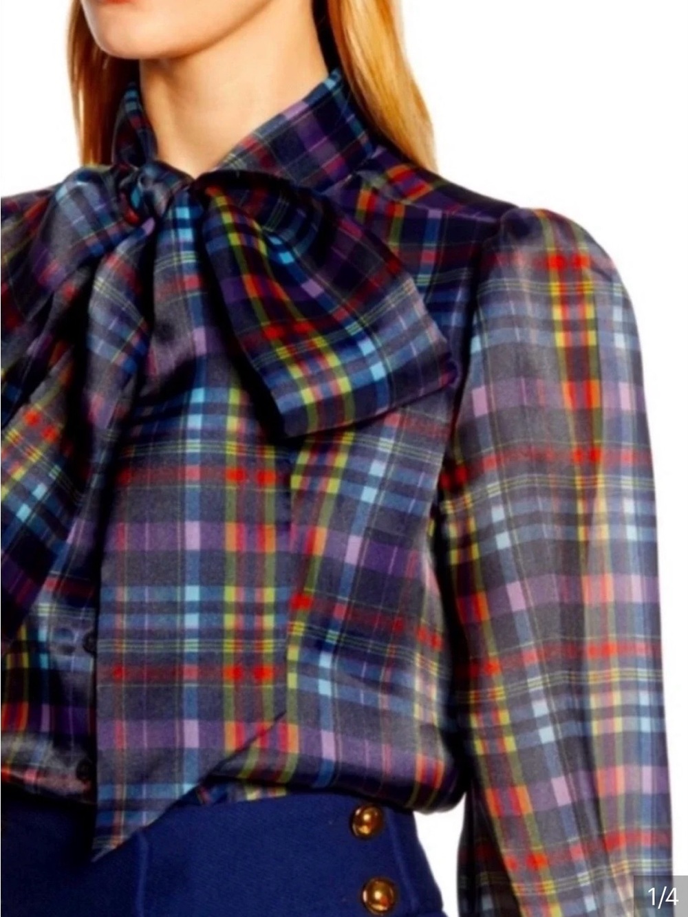 Halogen x Atlantic pacific Multicolor Plaid Bow Blouse